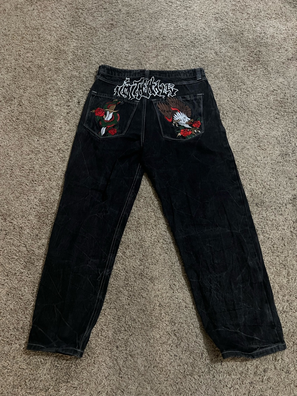 Y2K Jeans with Embroidered Eagle and Rose Back Pockets